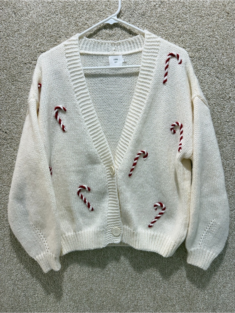 Candy cane knit cardigan medium holiday Christmas Luna Ivy sweater cute grandma
